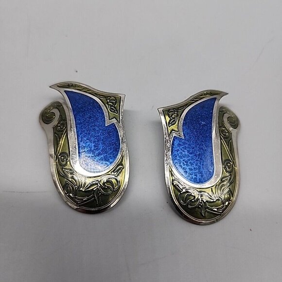 Vintage Metal Earrings Silver Blue Pierced 70s - Picture 1 of 4